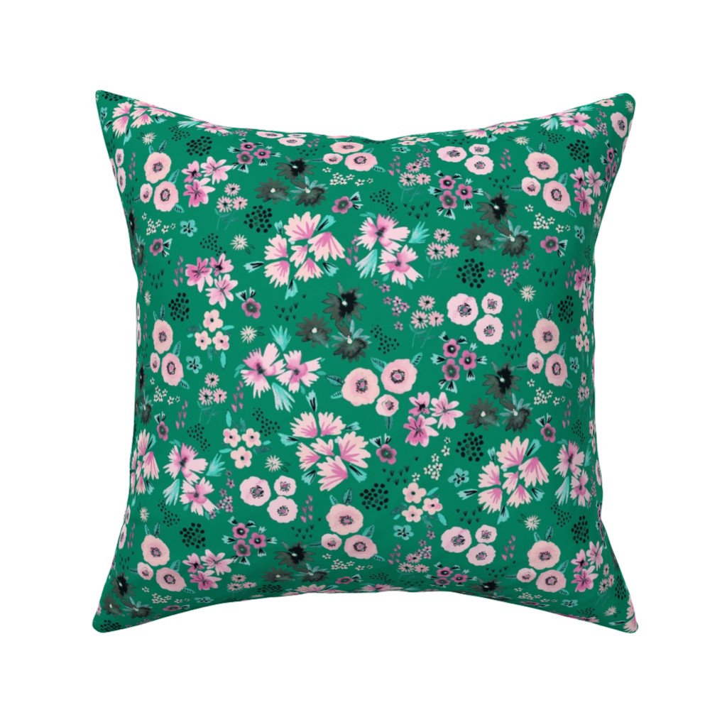 Artful Little Flowers - Green Pillow, Woven, Black, 16x16, Single Sided, Green, Classic Green