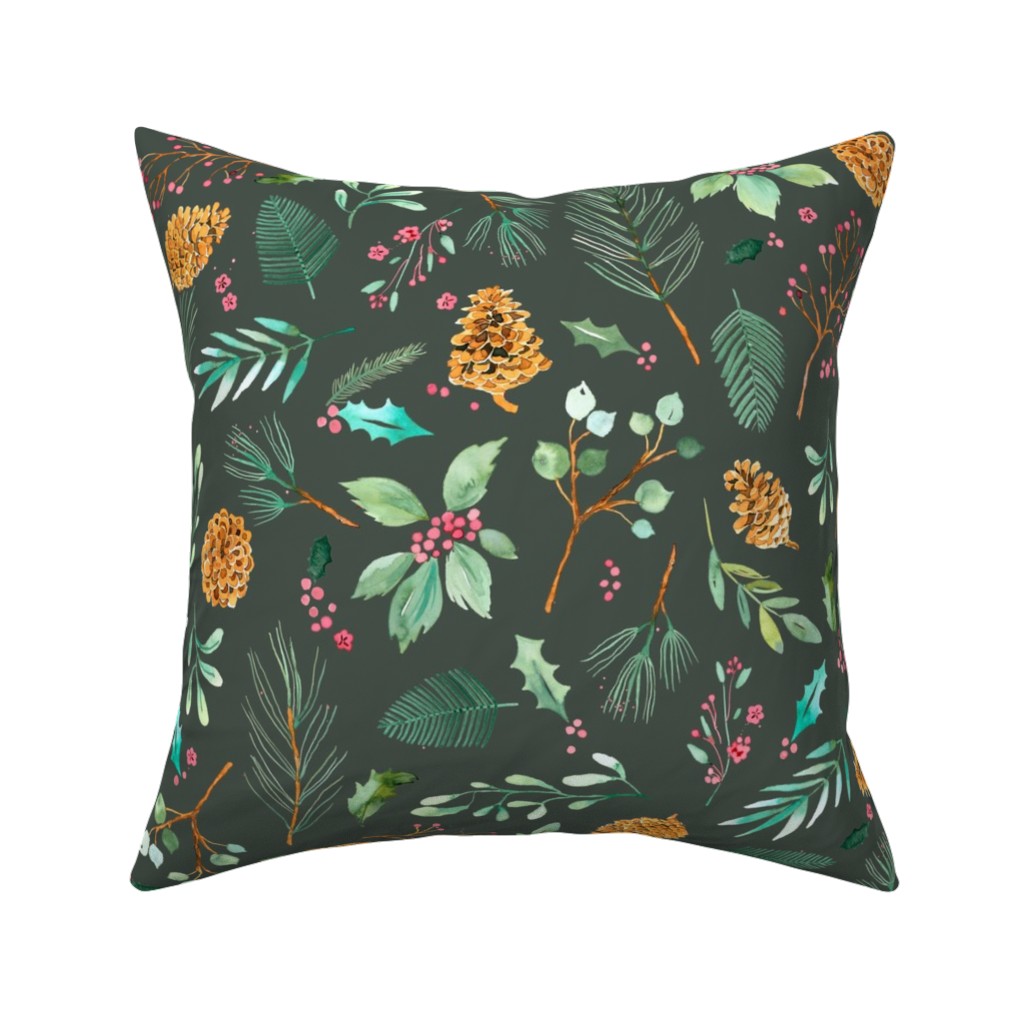 Christmas Holiday Botanical on Dark Green Pillow, Woven, Black, 16x16, Single Sided, Blue, True Blue
