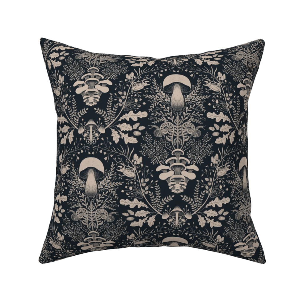 Mushroom Forest Damask - Dark Pillow, Woven, Black, 16x16, Single Sided, Black