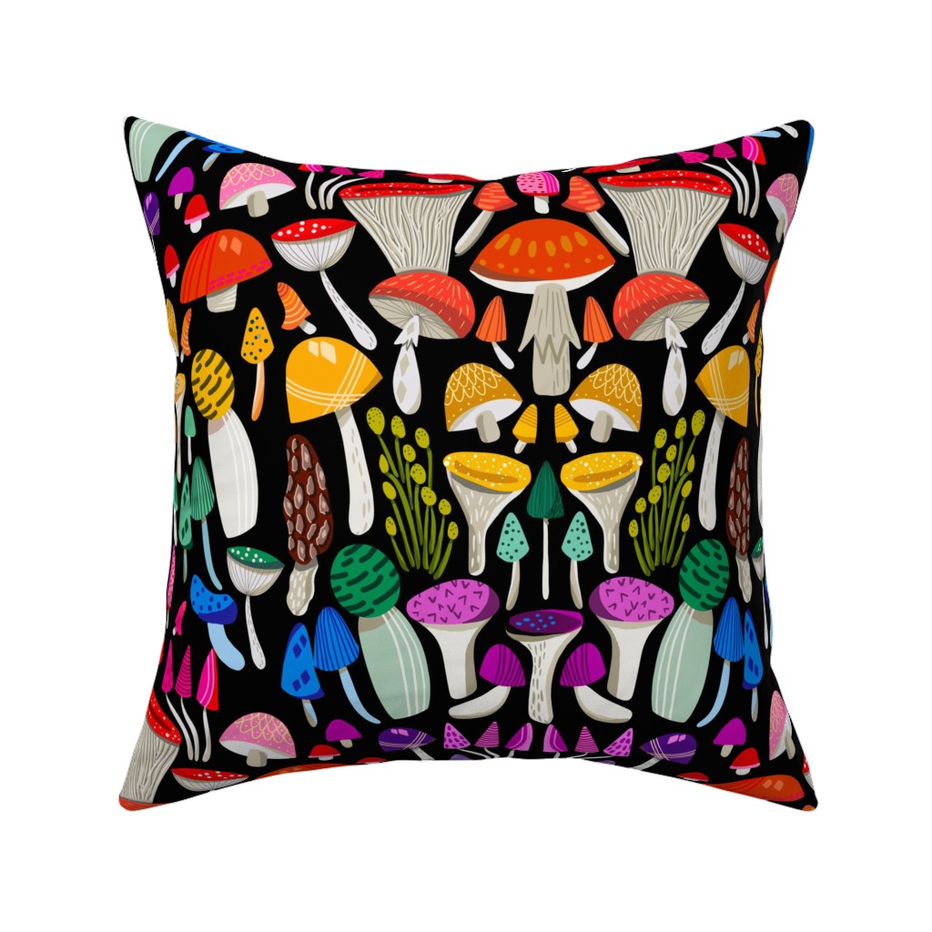 Magic Mushrooms - Multicolor Pillow, Woven, Black, 16x16, Single Sided, Multicolor