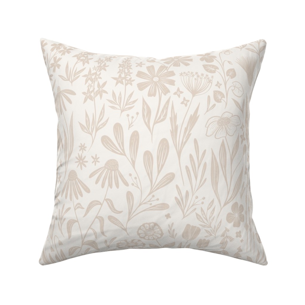 Wildflowers - Tan and Cream Pillow, Woven, Black, 16x16, Single Sided, Beige, Pearl