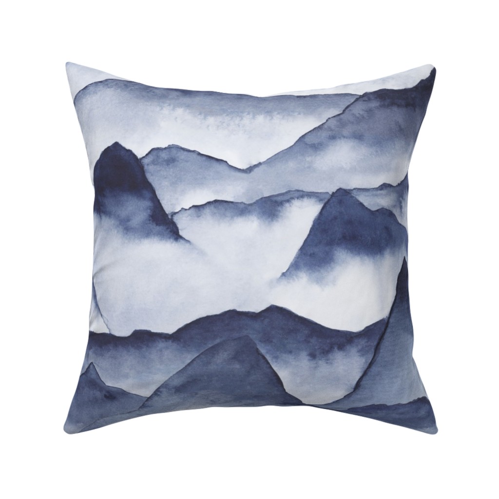 Watercolor Mountains - Blue Pillow, Woven, Black, 16x16, Single Sided, Blue