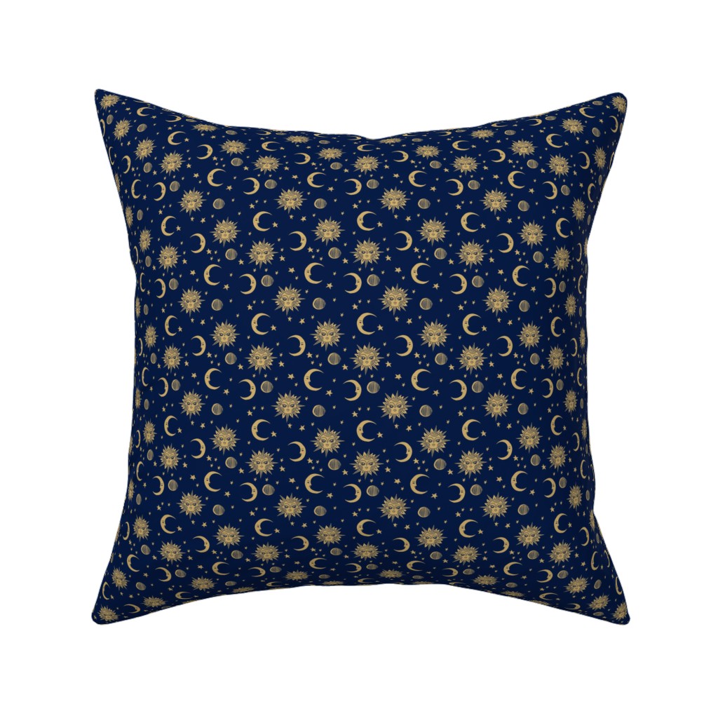 Sun Moon and Stars - Dark Pillow, Woven, Black, 16x16, Single Sided, Blue
