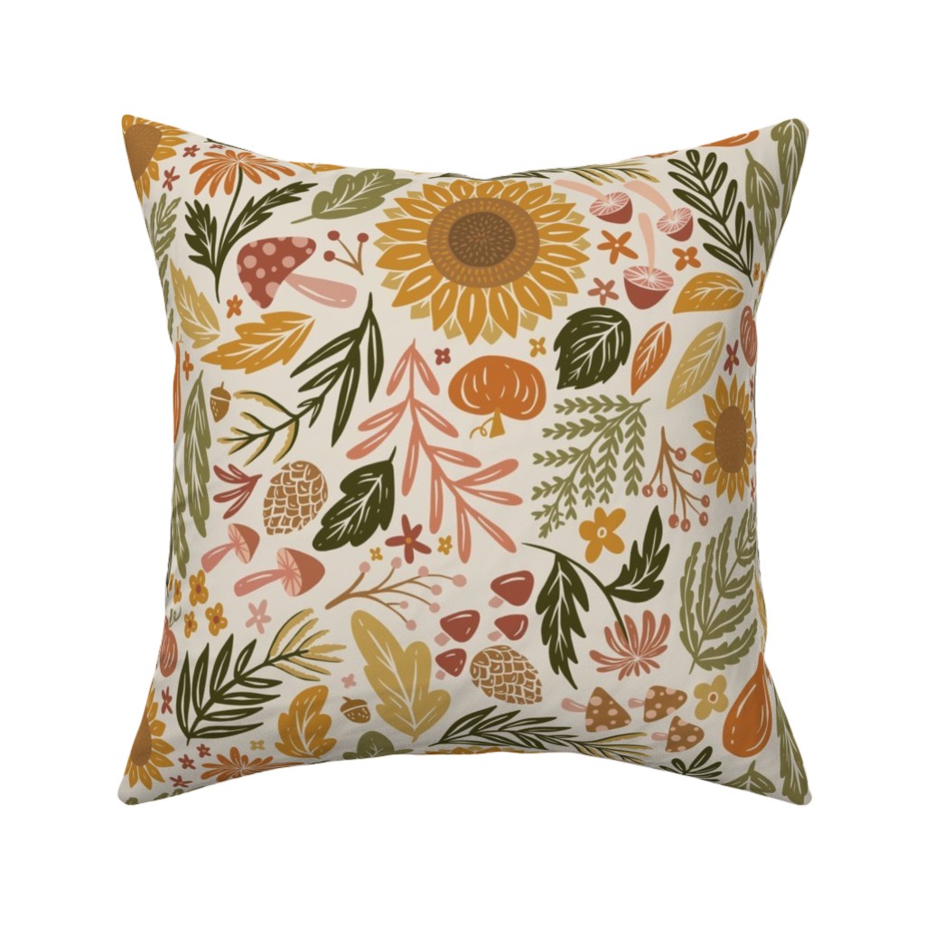 Autumn Botanicals - Leaves, Acorns, Sunflowers, Ferns, Mums, Pinecones, Mushrooms - Light Pillow, Woven, Black, 16x16, Single Sided, Multicolor