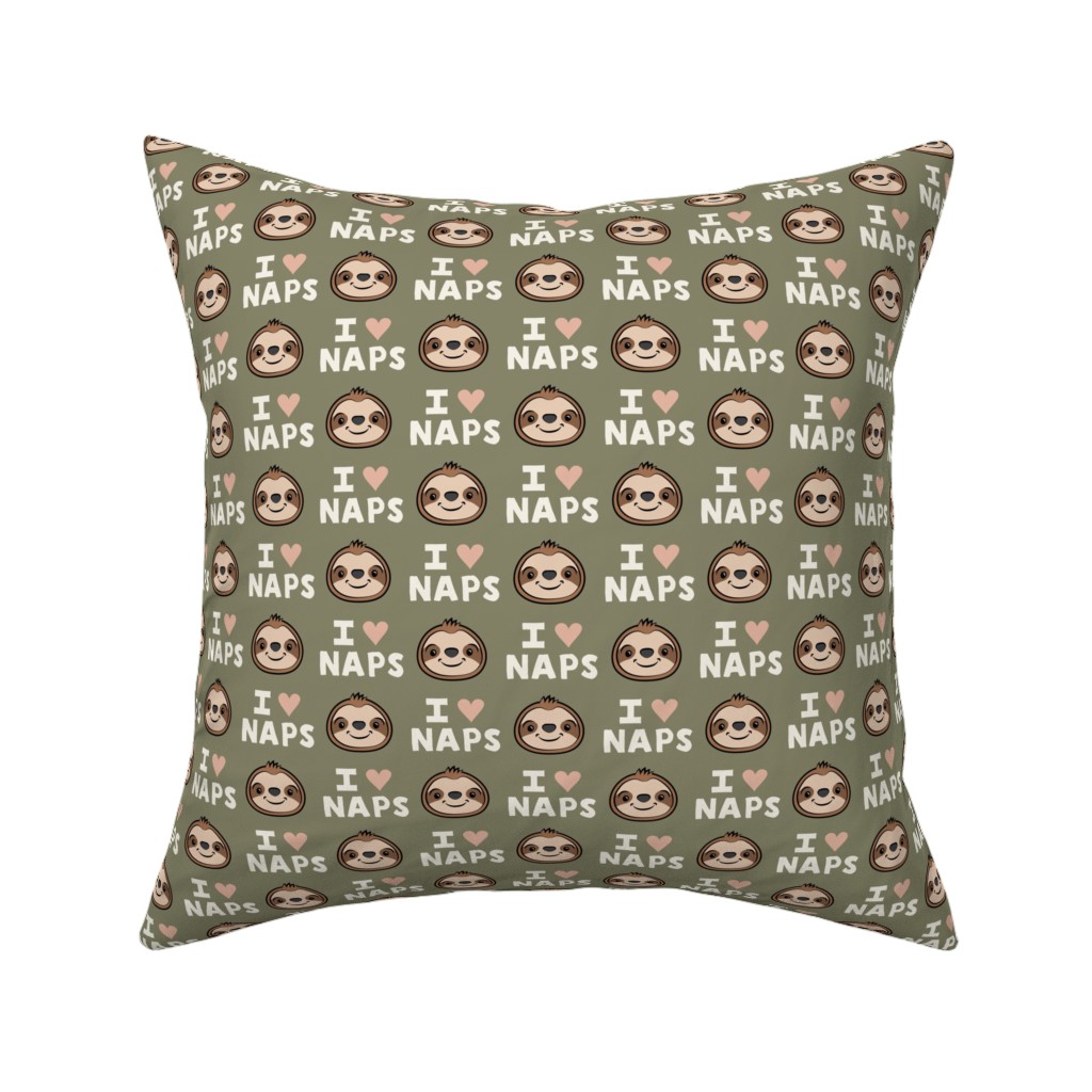 I Heart Naps - Cute Sloths - Olive Green Pillow, Woven, Black, 16x16, Single Sided, Green
