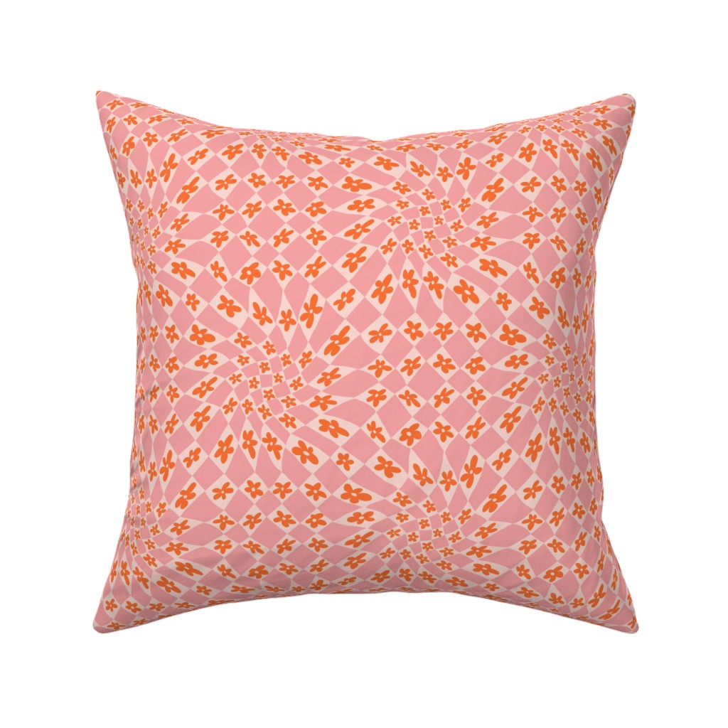 Trippy Checker - Floral - Pink and Orange Pillow, Woven, Black, 16x16, Single Sided, Pink