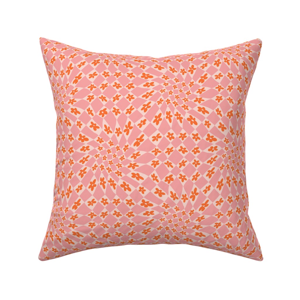 Trippy Checker - Floral - Pink and Orange Pillow, Woven, Black, 16x16, Single Sided, Pink, Bright Pink
