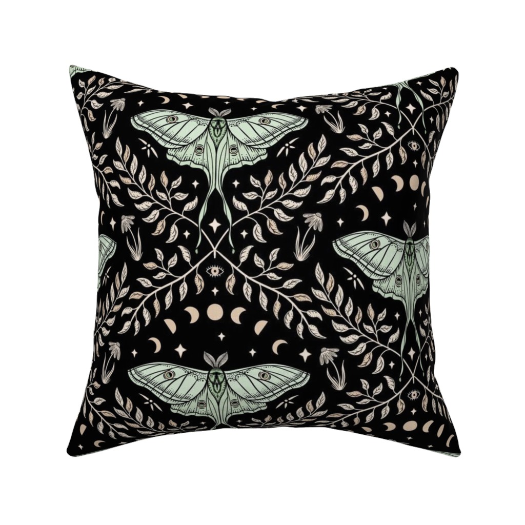 Luna Moths Damask With Moon Phases - Black Pillow, Woven, Black, 16x16, Single Sided, Multicolor