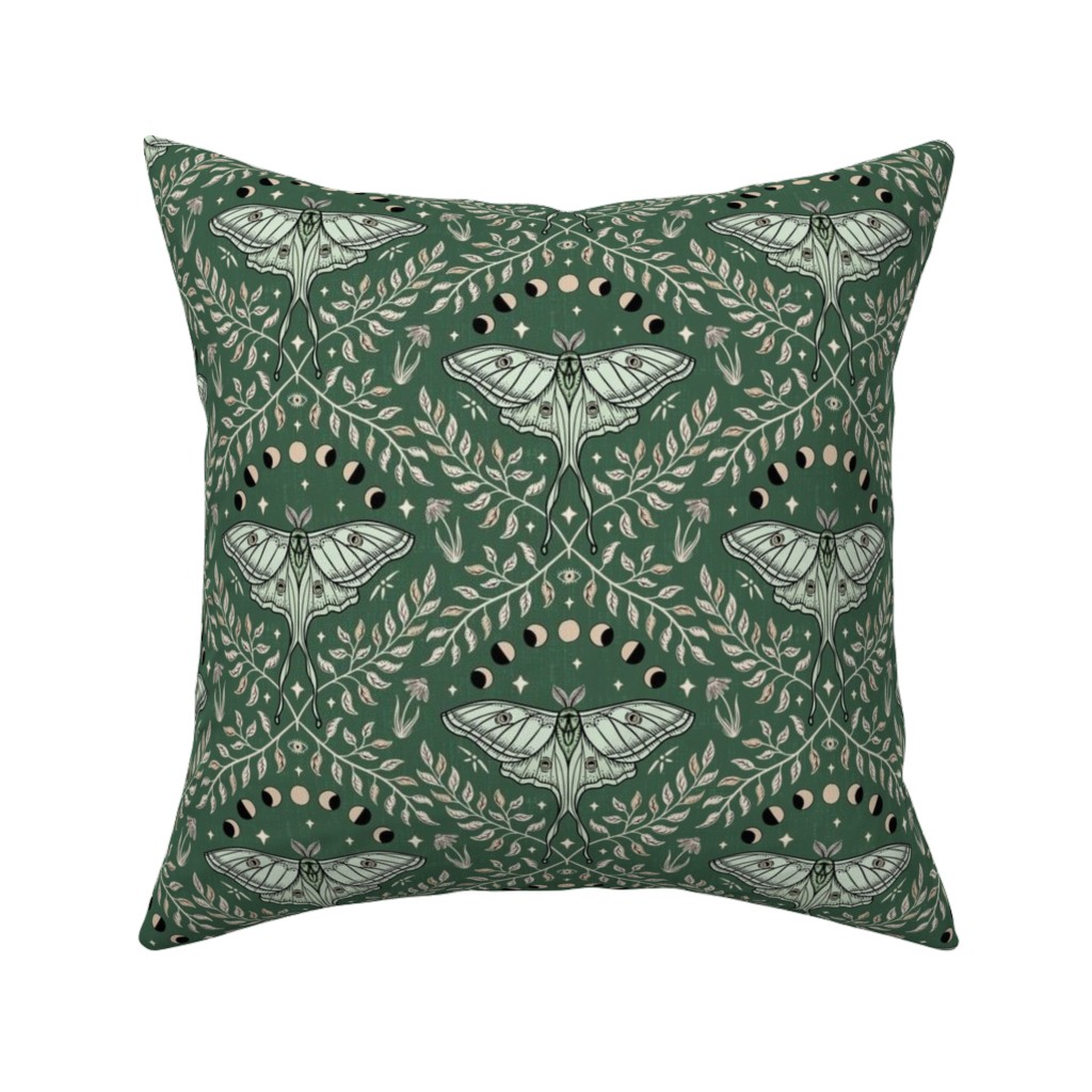 Luna Moths Damask With Moon Phases - Green Pillow, Woven, Black, 16x16, Single Sided, Green