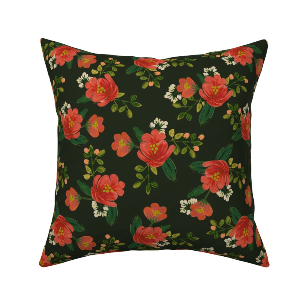Holiday Floral Pillow, Woven, Black, 16x16, Single Sided, Green