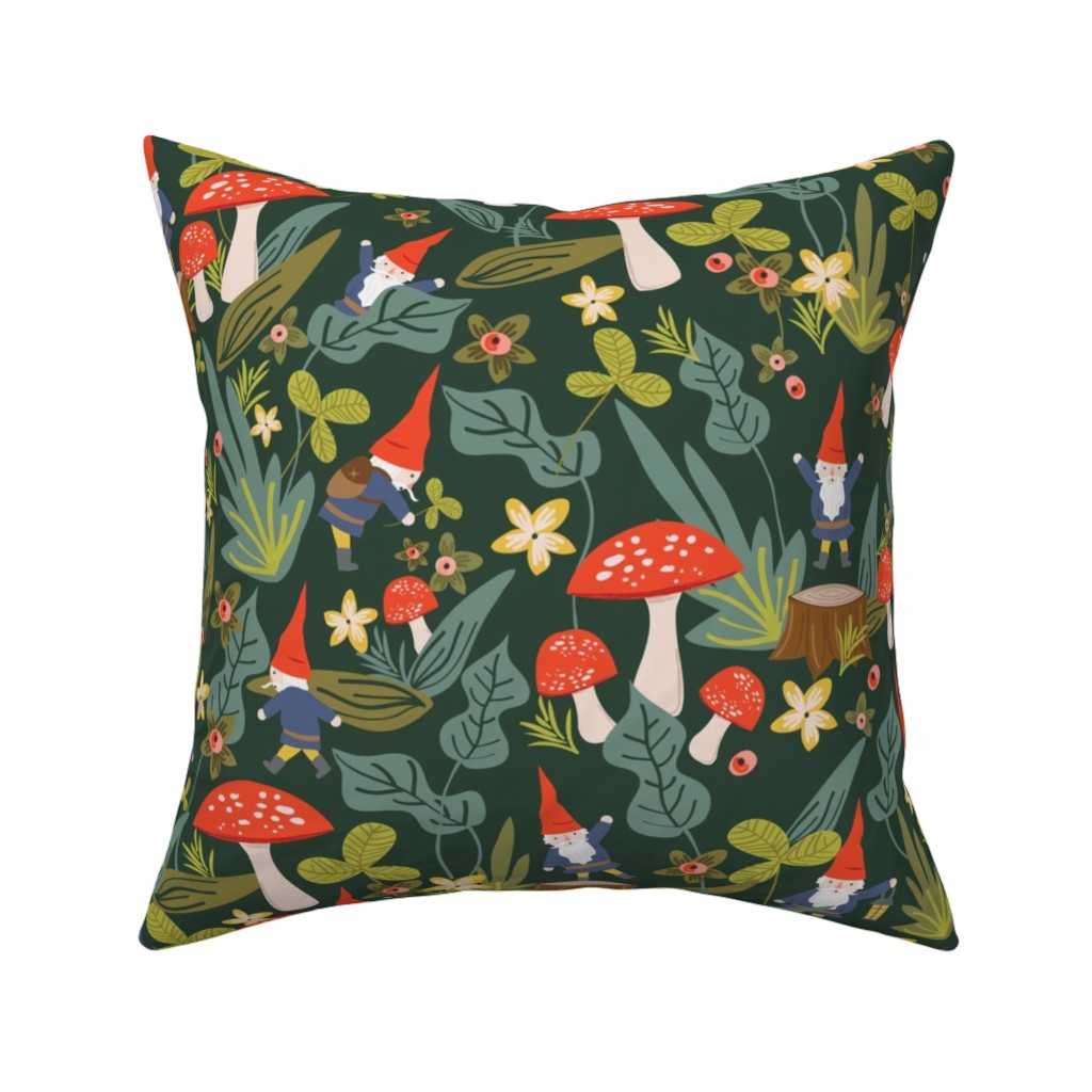Woodland Gnomes & Mushrooms - Green Pillow, Woven, Black, 16x16, Single Sided, Green, Classic Green