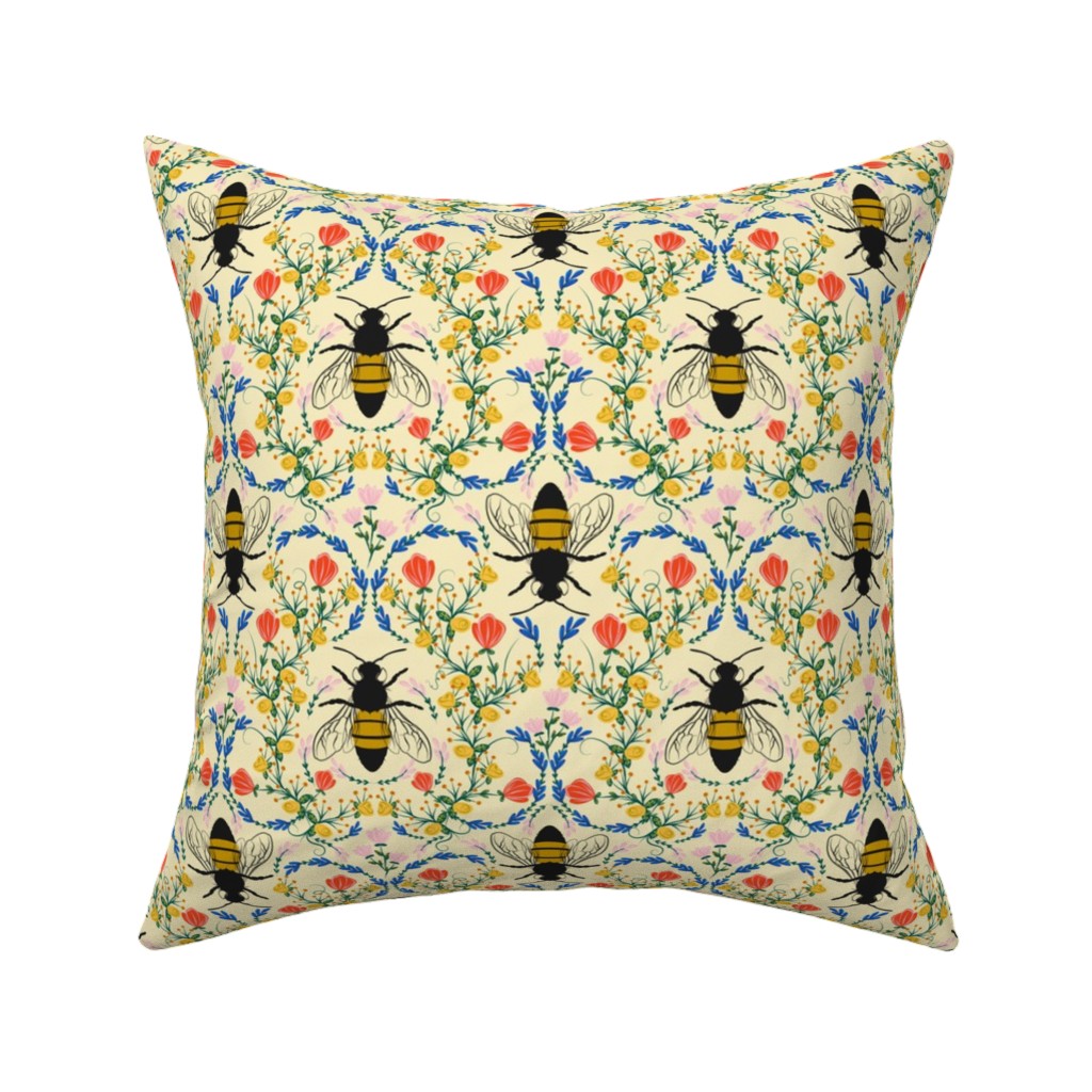 Bee Garden - Multi on Cream Pillow, Woven, Black, 16x16, Single Sided, Yellow, Classic Yellow