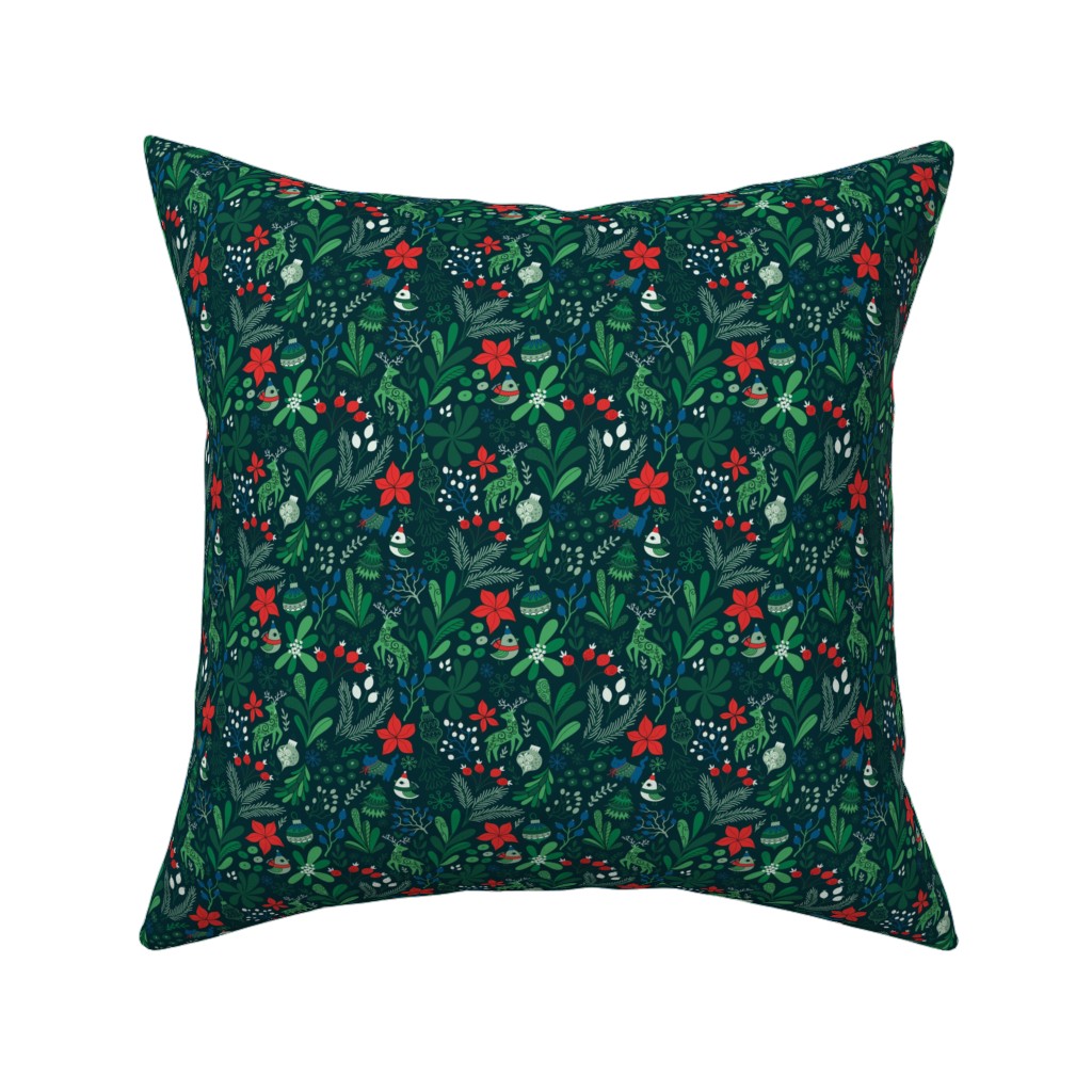 Merry Christmas Floral - Dark Pillow, Woven, Black, 16x16, Single Sided, Green