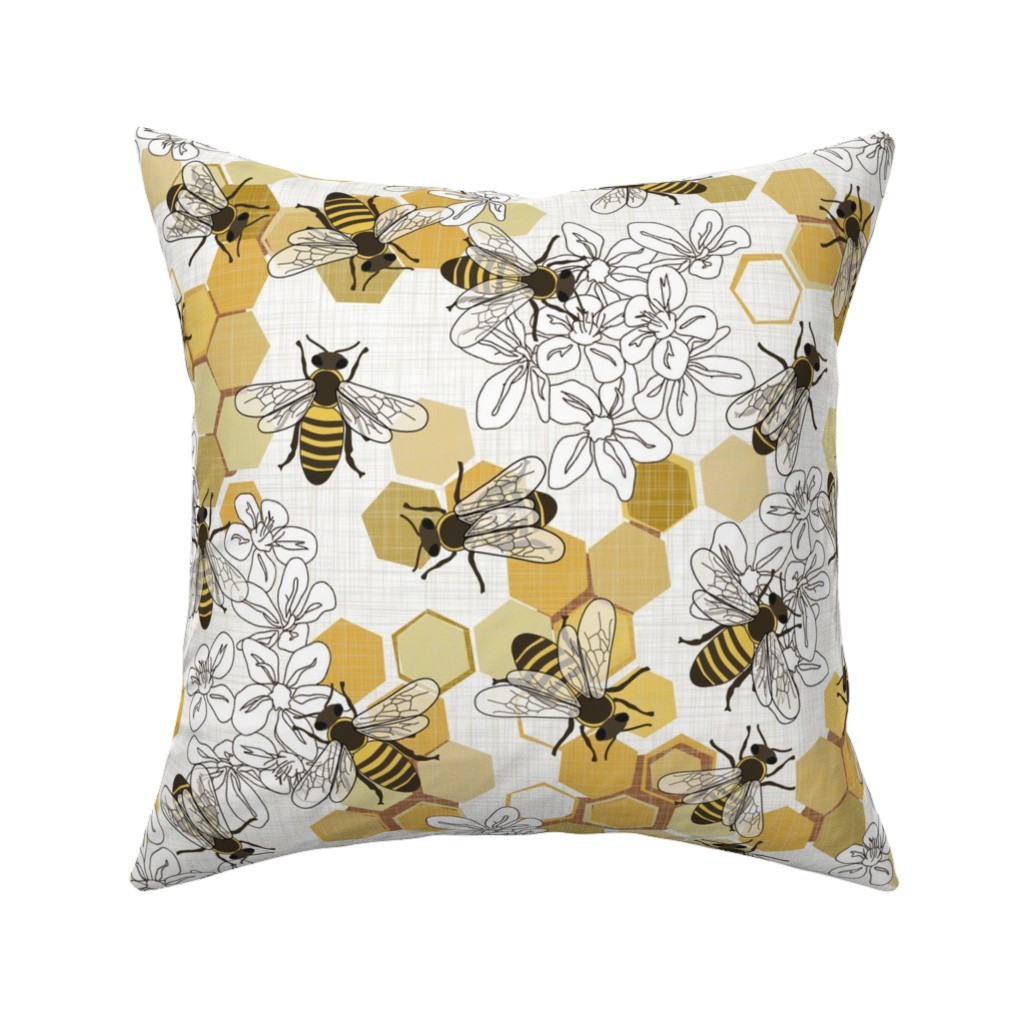 Save the Honey Bees - Yellow on White Pillow, Woven, Black, 16x16, Single Sided, Yellow