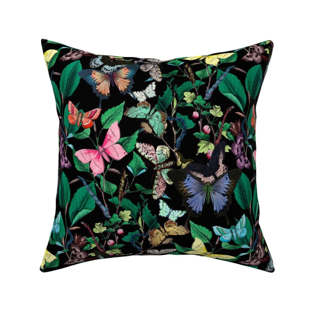 Butterfly Sanctuary - Multi on Black Pillow, Woven, Black, 16x16, Single Sided, Multicolor