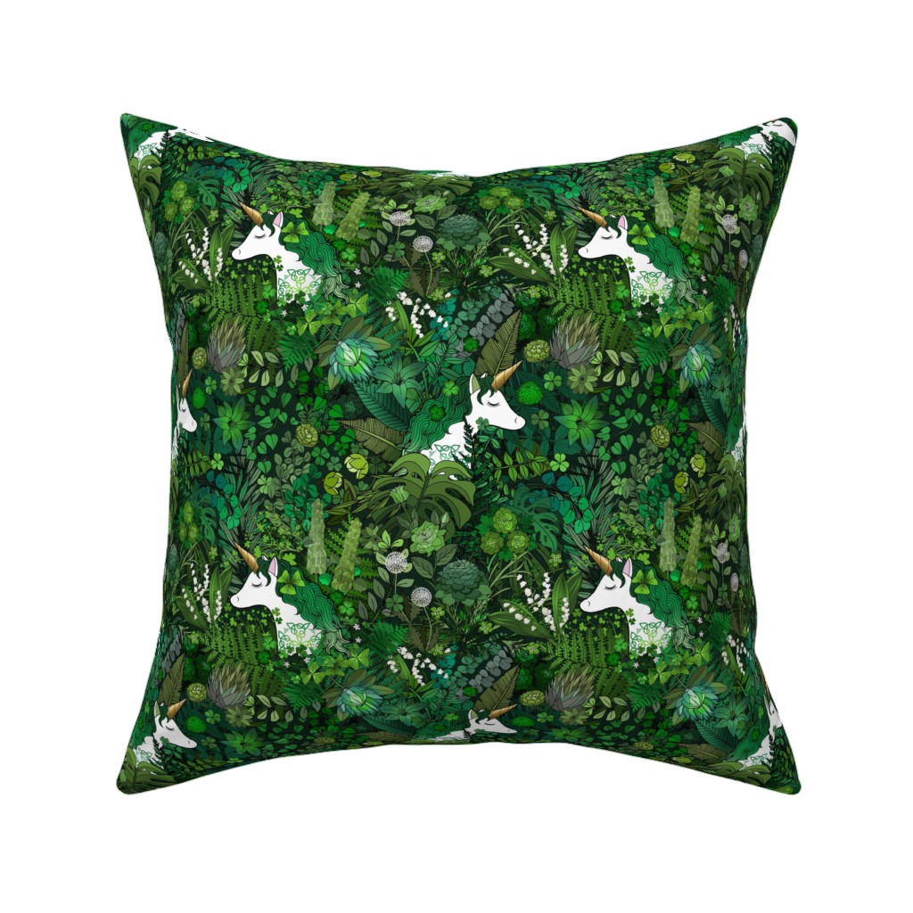 Irish Unicorn in a Green Garden Pillow, Woven, Black, 16x16, Single Sided, Green, Classic Green