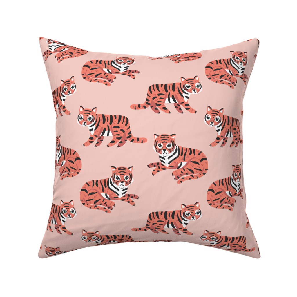 Jungle Tigers - Blush and Coral Pillow, Woven, Black, 16x16, Single Sided, Pink