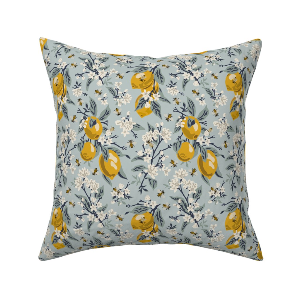 Bees, Blossoms & Lemons - Blue Pillow, Woven, Black, 16x16, Single Sided, Blue