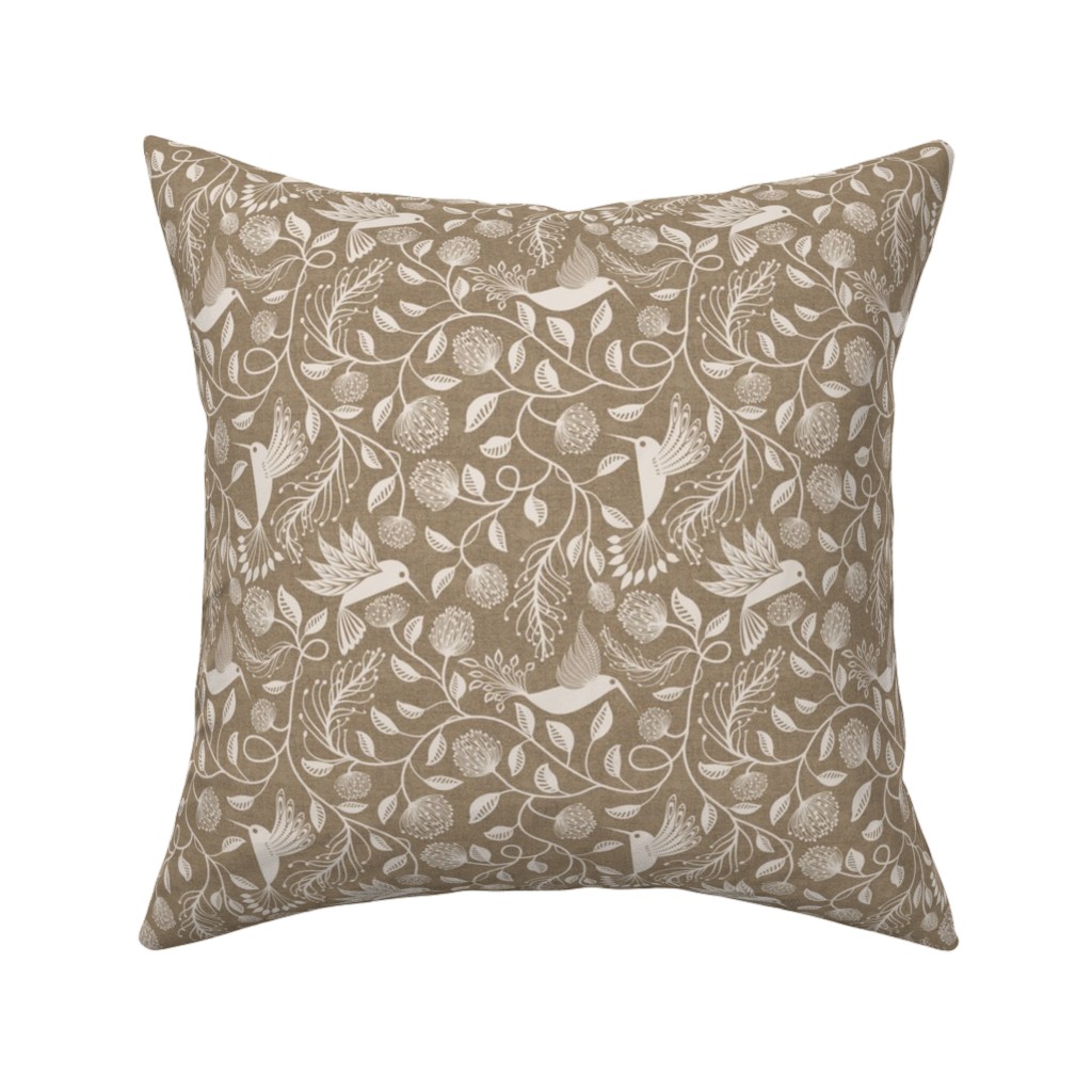 Papercutting Floral and Hummingbirds - Neutral Pillow, Woven, Black, 16x16, Single Sided, Beige