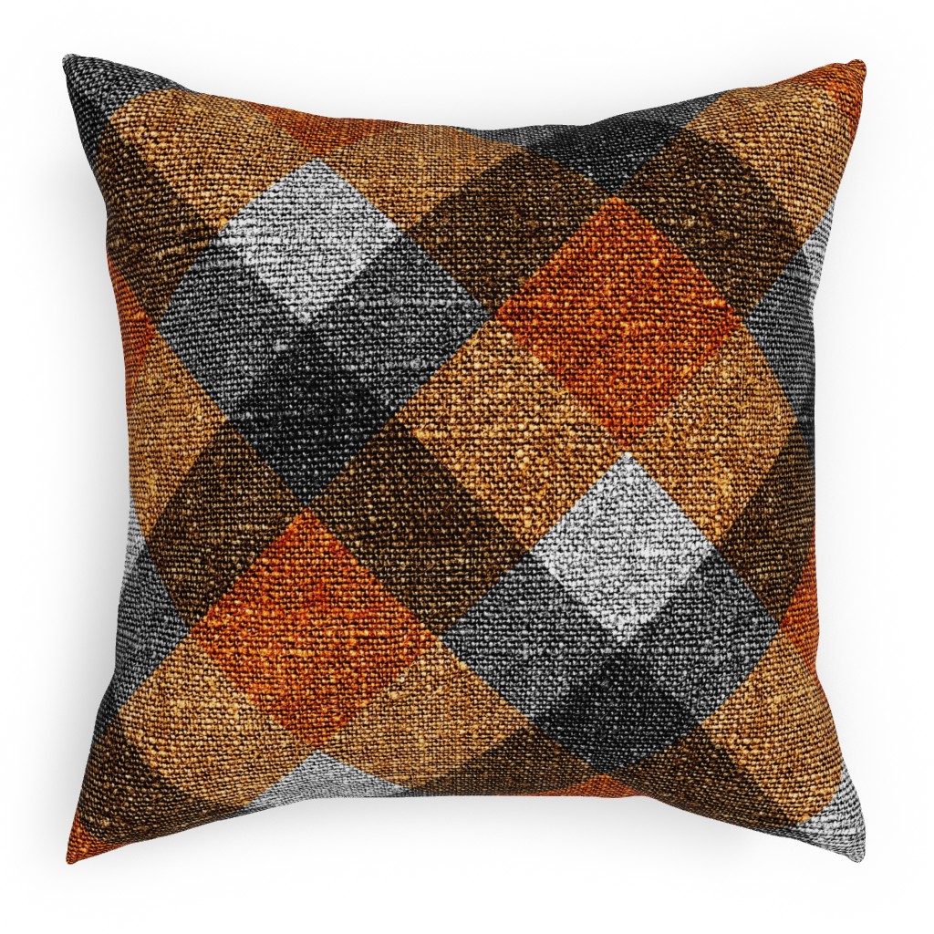 Fall Textured Plaid - Orange and Gray Pillow, Woven, Beige, 18x18, Single Sided, Orange