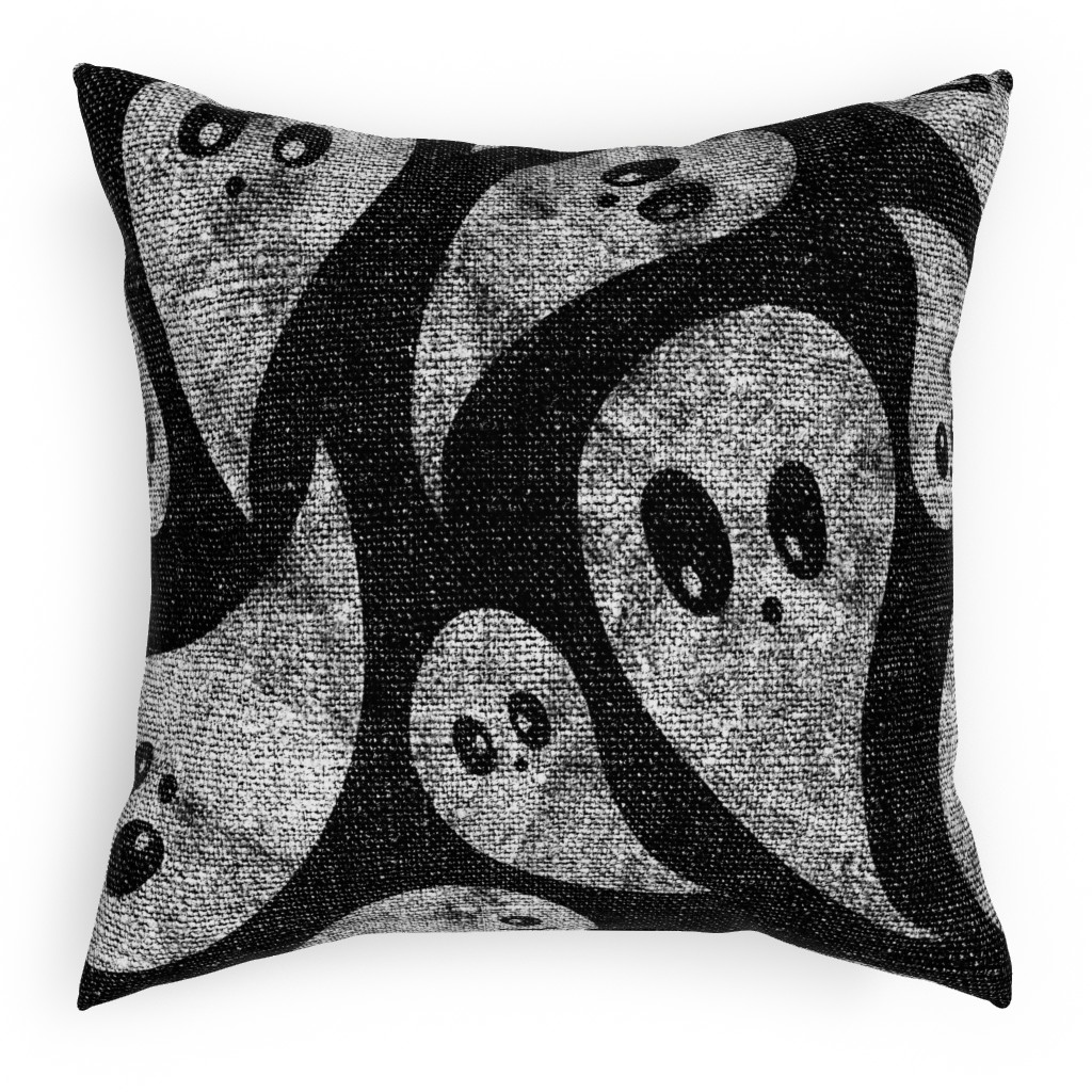 Spooky Ghosts - Black Pillow, Woven, Beige, 18x18, Single Sided, Black