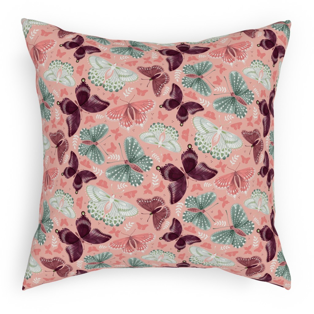 Romantic Butterflies - Pink Pillow, Woven, Beige, 18x18, Single Sided, Pink