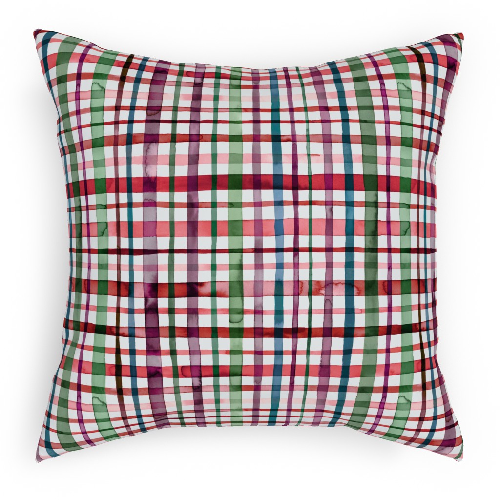Watercolor Gingham - Red and Green Pillow, Woven, Beige, 18x18, Single Sided, Multicolor