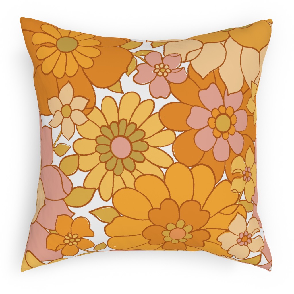Avery Retro Floral - Orange on White Pillow, Woven, Beige, 18x18, Single Sided, Orange, Orange
