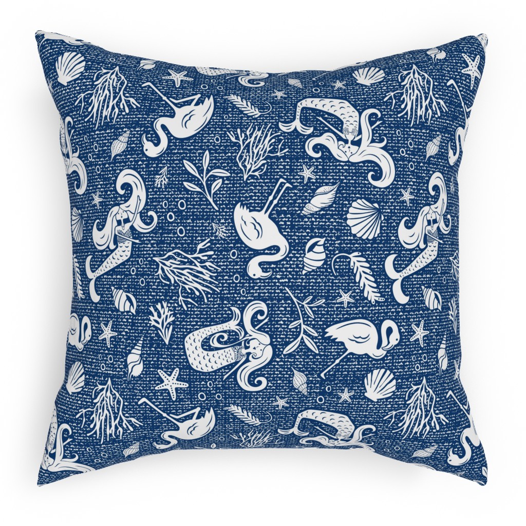 Beachy Keen Mermaid and Flamingo - Blue Pillow, Woven, Beige, 18x18, Single Sided, Blue
