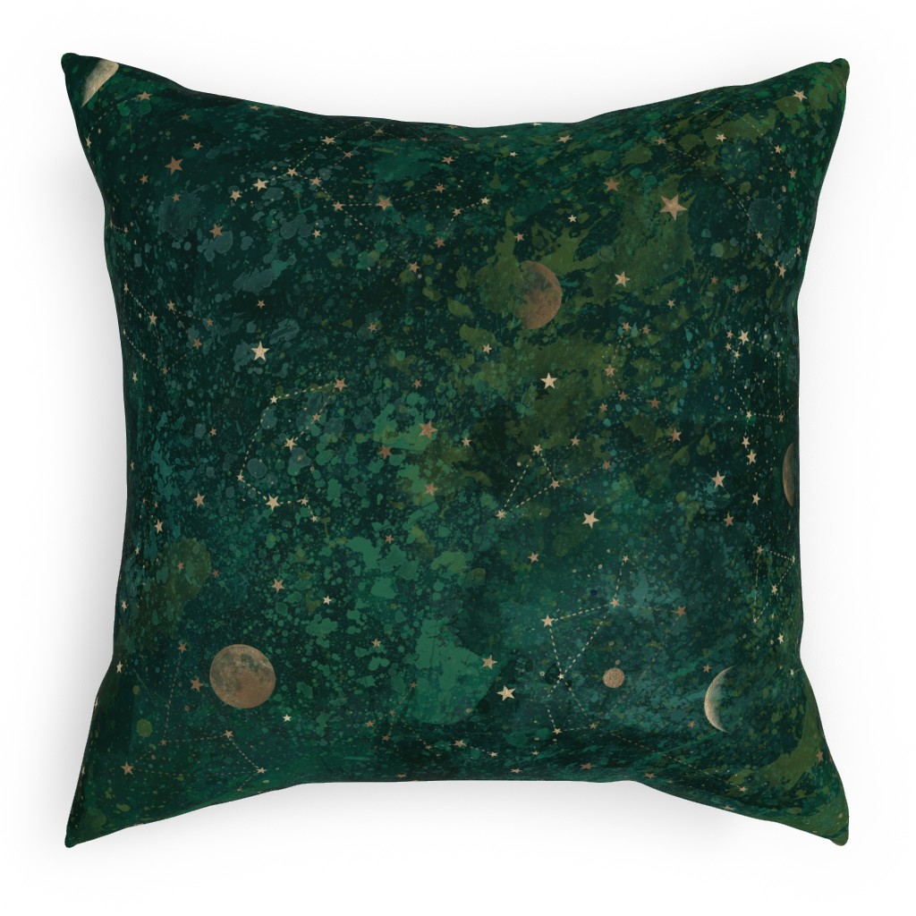 Moon and Stars - Green Pillow, Woven, Beige, 18x18, Single Sided, Green