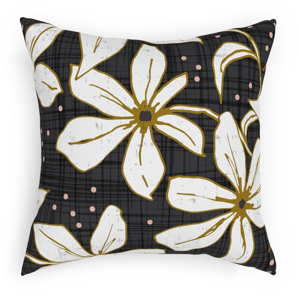 Lilium - Floral - Charcoal Black & White Pillow, Woven, Beige, 18x18, Single Sided, Black, Black