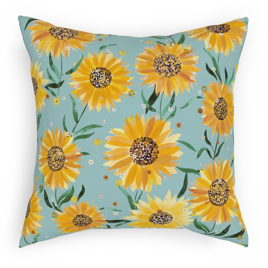 Watercolor Sunflowers - Yellow on Blue Pillow, Woven, Beige, 18x18, Single Sided, Yellow