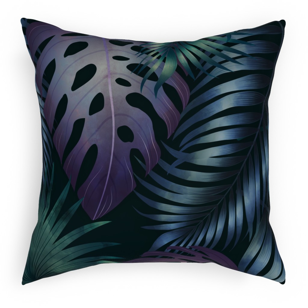 Tropical Leaves in the Moonlight - Dark Pillow, Woven, Beige, 18x18, Single Sided, Blue, True Blue