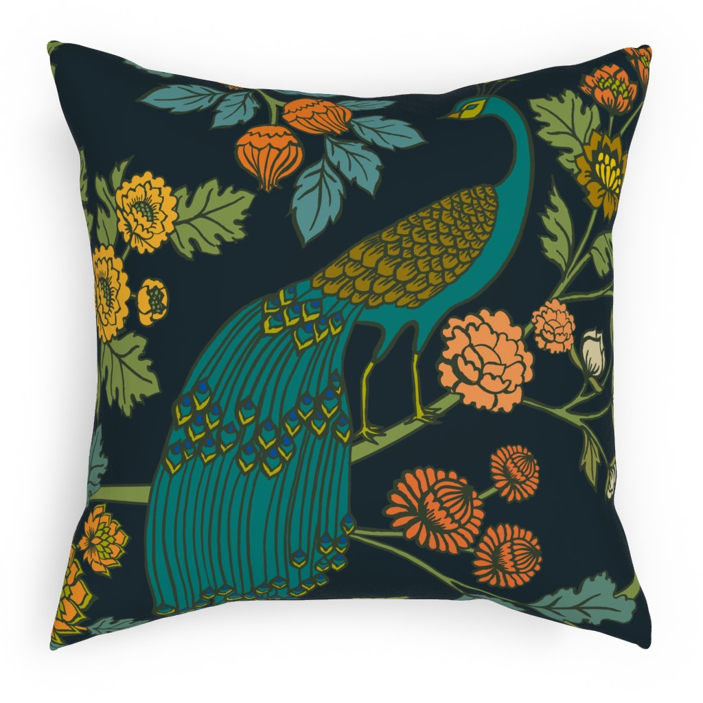 Peacock Garden - Midnight Wonderland Pillow, Woven, Beige, 18x18, Single Sided, Blue, True Blue