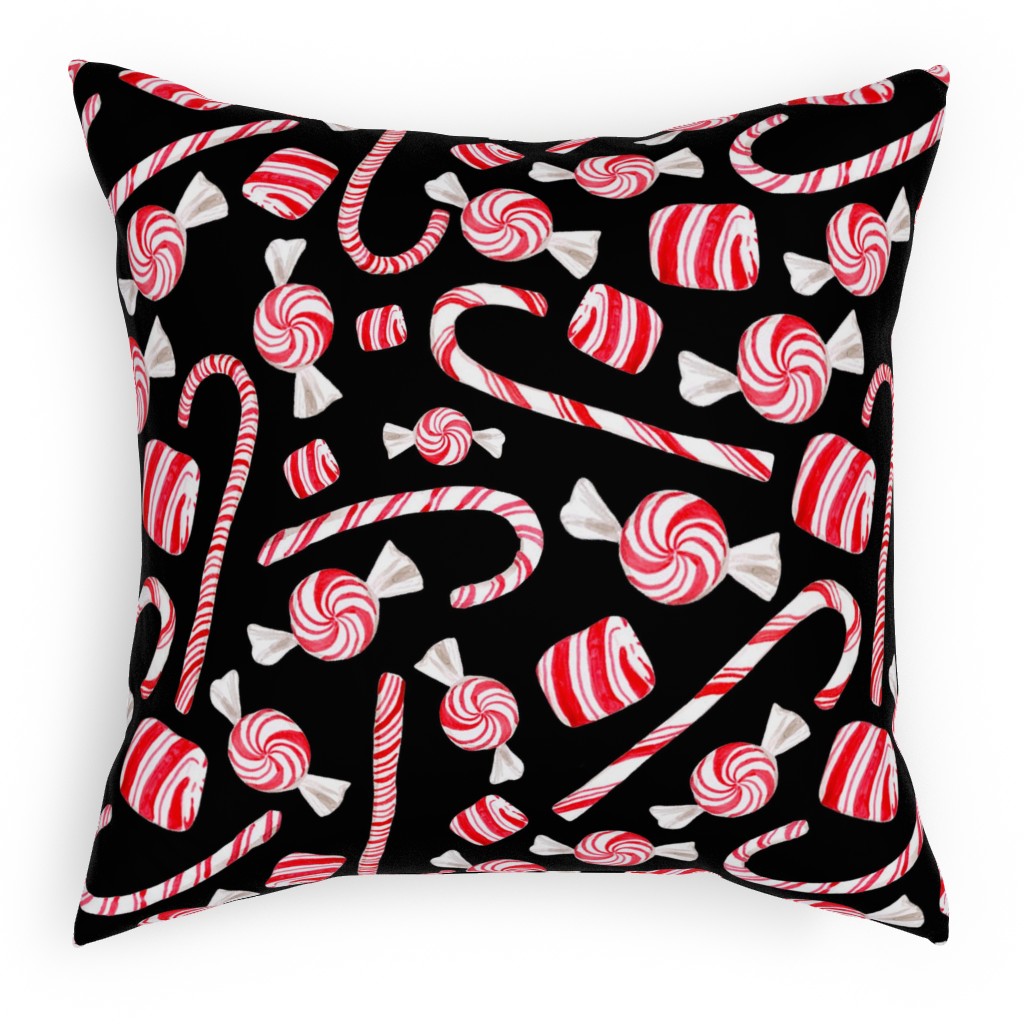 Christmas Candy Canes - Black Pillow, Woven, Beige, 18x18, Single Sided, Red, Red