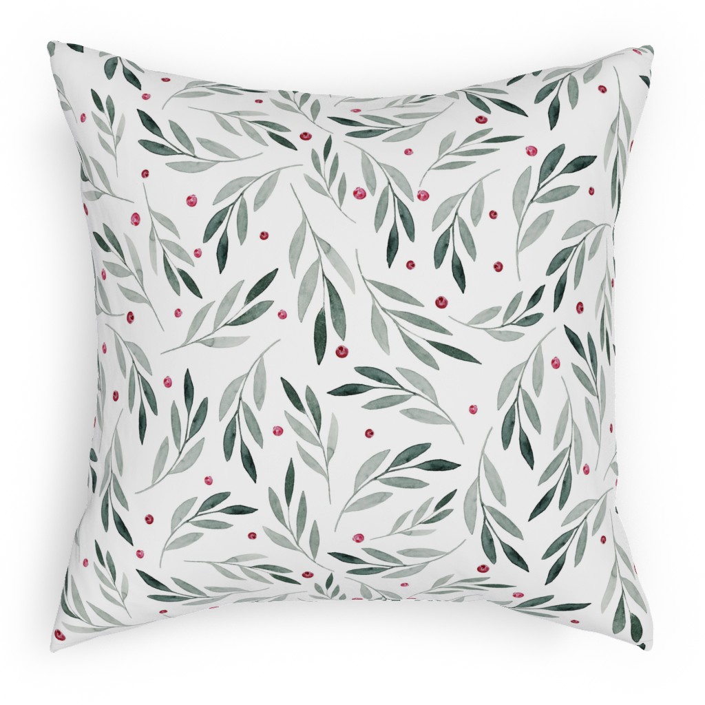 Festive Christmas Green Leaves & Red Berries Pillow, Woven, Beige, 18x18, Single Sided, White, White