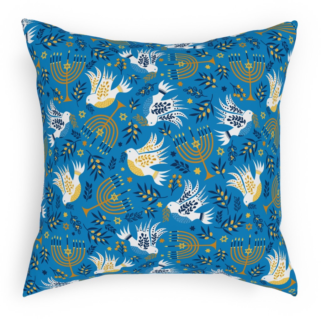 Hanukkah Birds Menorahs - Light Blue Pillow, Woven, Beige, 18x18, Single Sided, Blue, True Blue