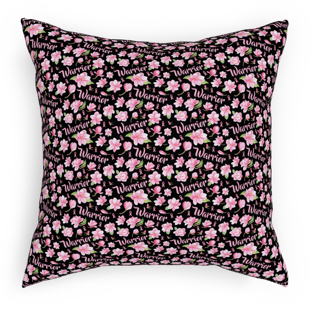 Warrior Pink Ribbon and Flowers - Pink Pillow, Woven, Beige, 18x18, Single Sided, Pink, Bright Pink