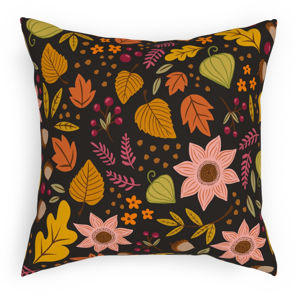 Autumn Fall Floral - Dark Pillow, Woven, Beige, 18x18, Single Sided, Multicolor