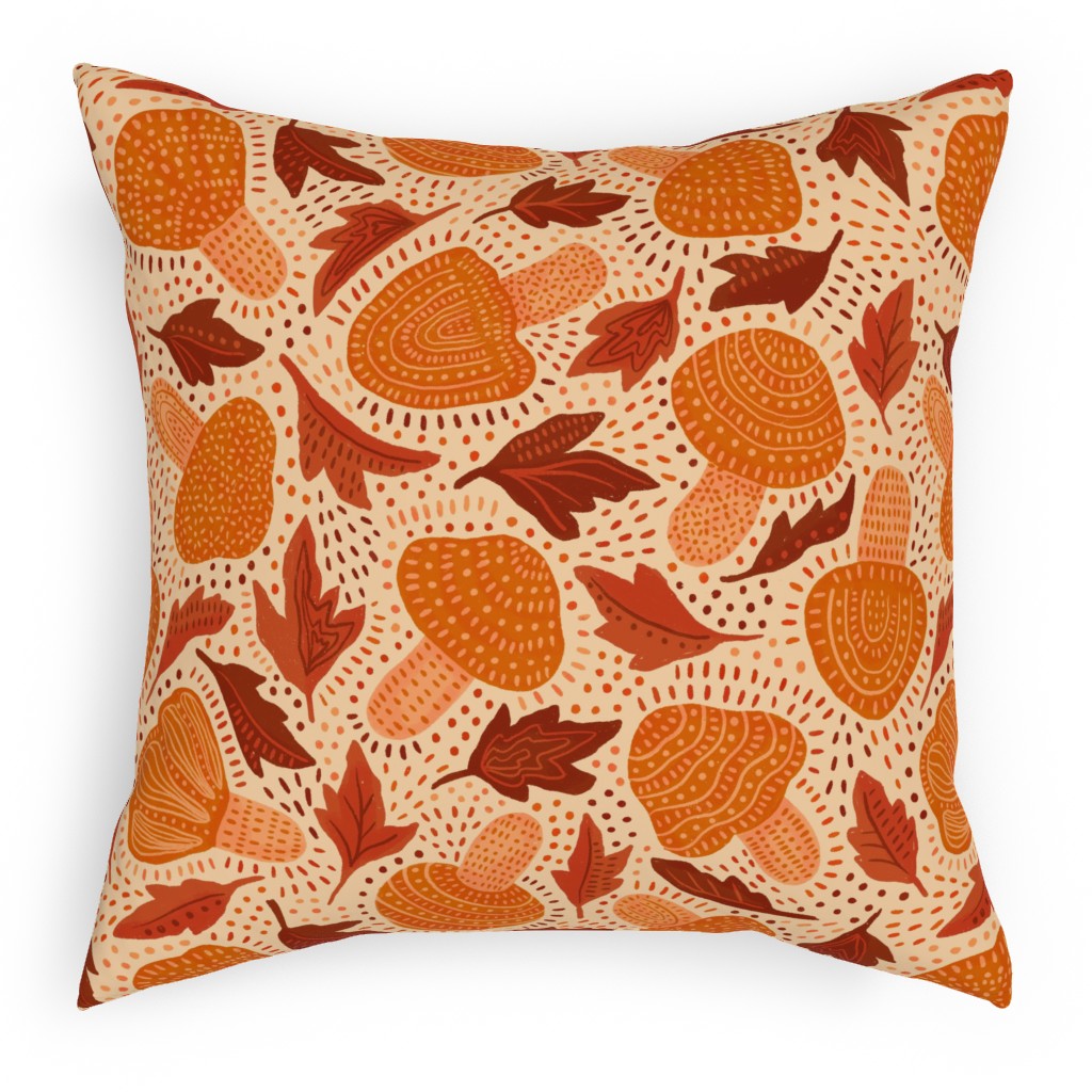 Autumn Mushrooms and Fallen Leaves Pillow, Woven, Beige, 18x18, Single Sided, Orange