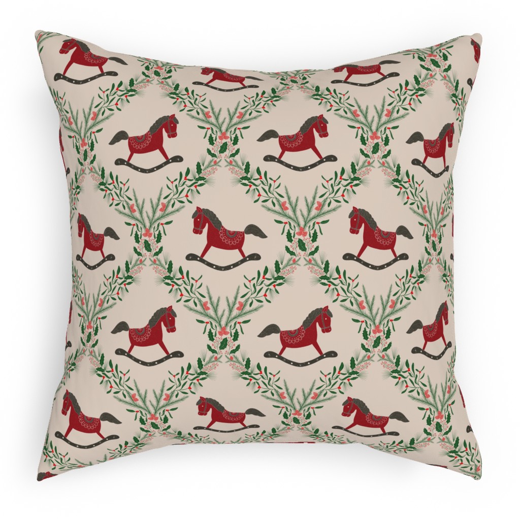 Christmas Wreath and Wooden Horse Pillow, Woven, Beige, 18x18, Single Sided, Multicolor