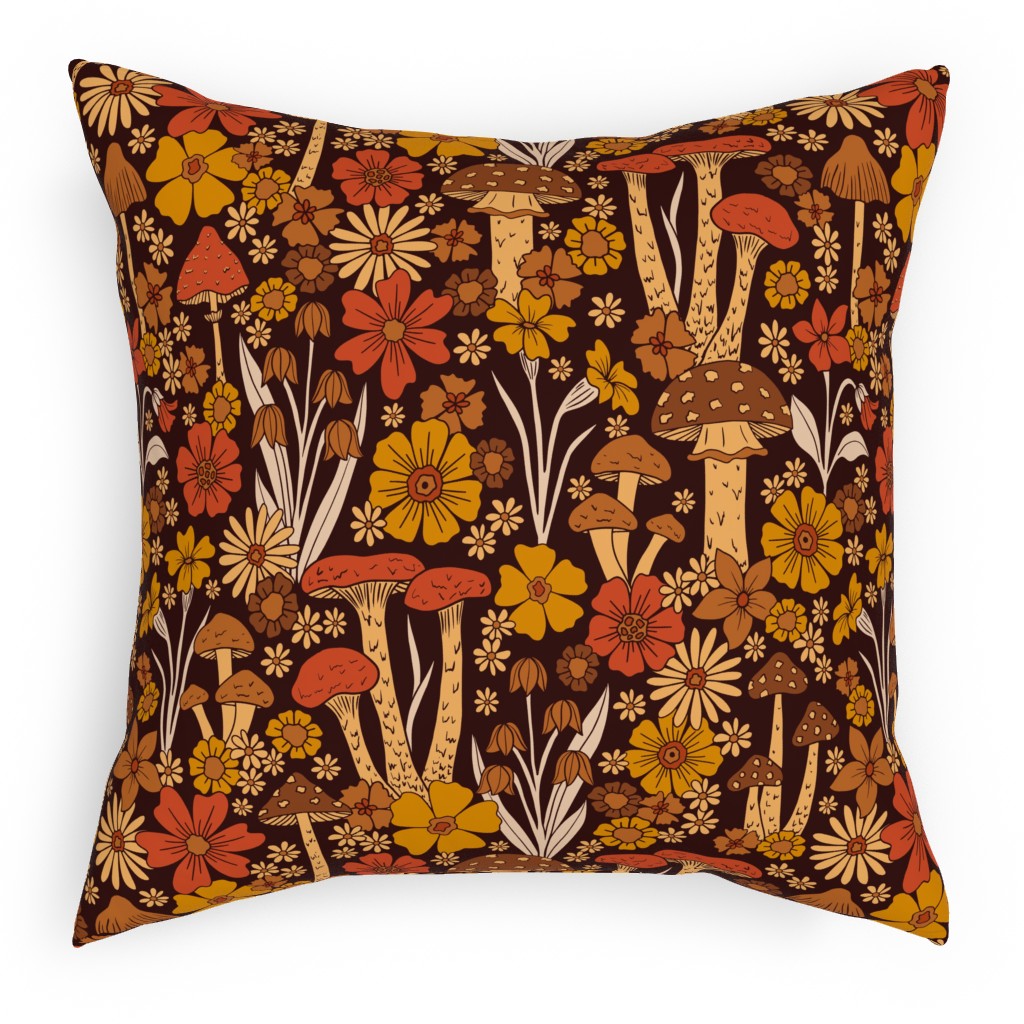 Retro 1970s Mushroom & Flowers - Brown and Orange Pillow, Woven, Beige, 18x18, Single Sided, Orange, Orange