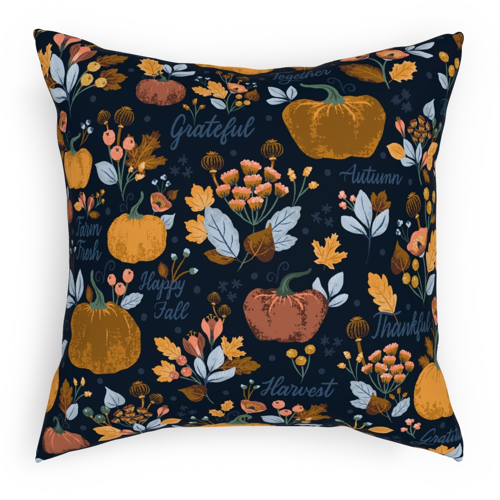Elegant Fall Floral Harvest - Navy Pillow, Woven, Beige, 18x18, Single Sided, Orange, Orange