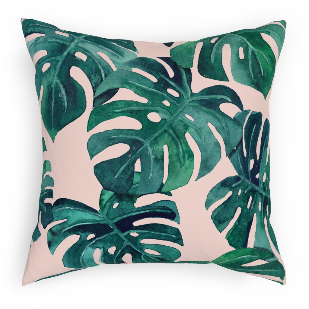 Watercolor Monstera Leaves - Green on Blush Pink Pillow, Woven, Beige, 18x18, Single Sided, Green, Classic Green