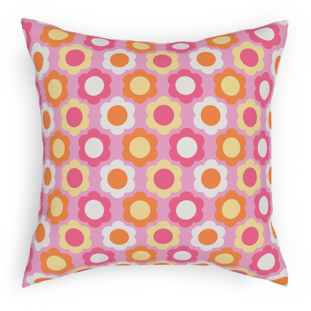 Retro Geometric Flowers - Pink and Orange Pillow, Woven, Beige, 18x18, Single Sided, Pink, Bright Pink