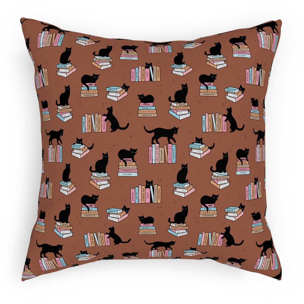 Cats and Books Pillow, Woven, Beige, 18x18, Single Sided, Brown, Sienna Brown
