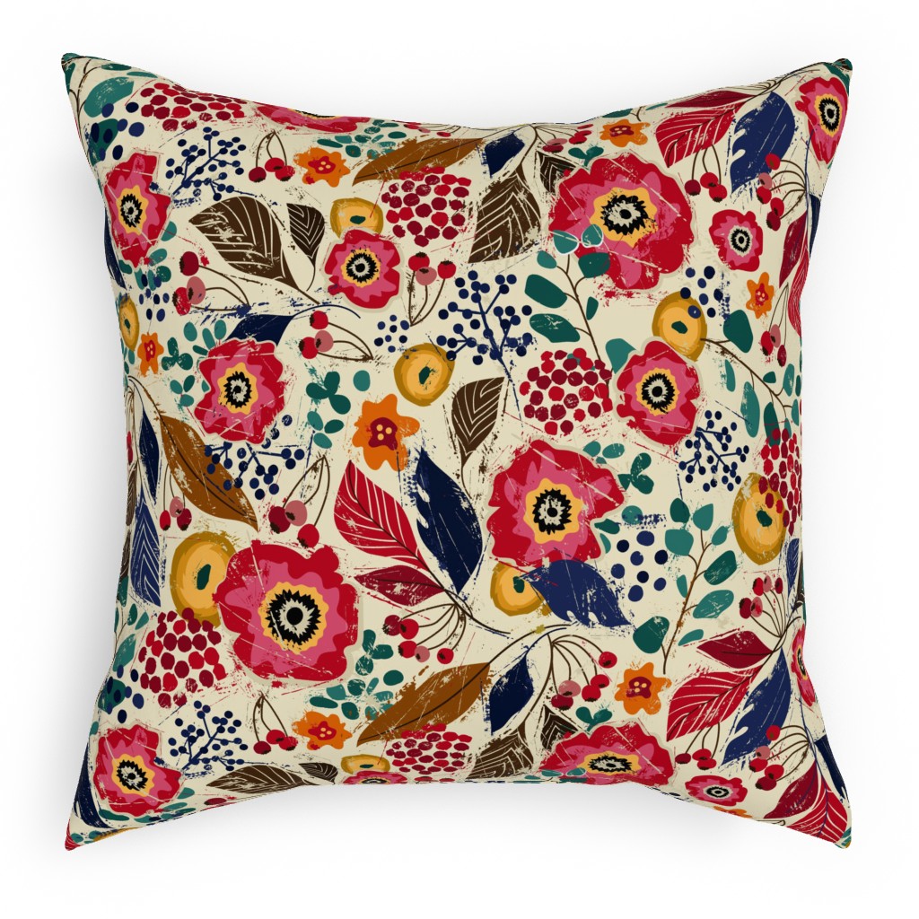Botanical Block Print Pillow, Woven, Beige, 18x18, Single Sided, Multicolor