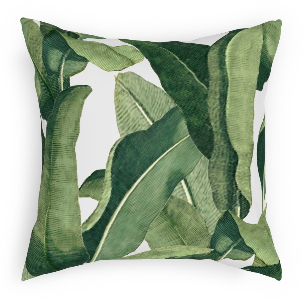 Tropical Leaves - Greens on White Pillow, Woven, Beige, 18x18, Single Sided, Green