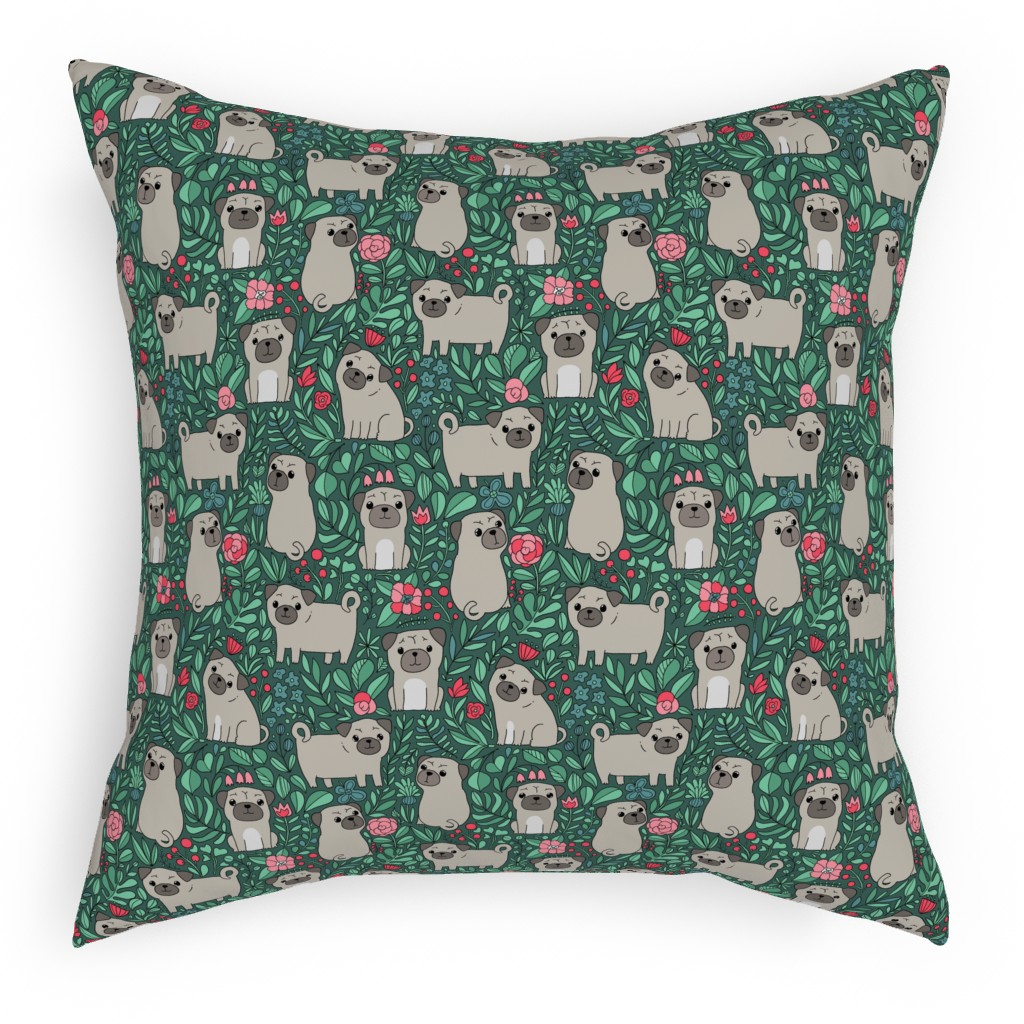 Cute Pugs and Flowers - Multicolor Pillow, Woven, Beige, 18x18, Single Sided, Green, Classic Green