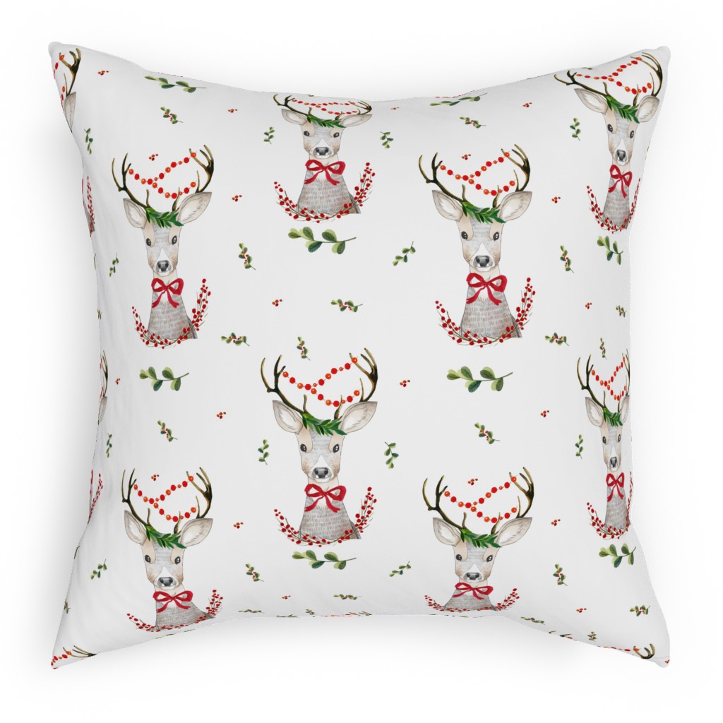 Holiday Fancy Deer With Holly Pillow, Woven, Beige, 18x18, Single Sided, Multicolor